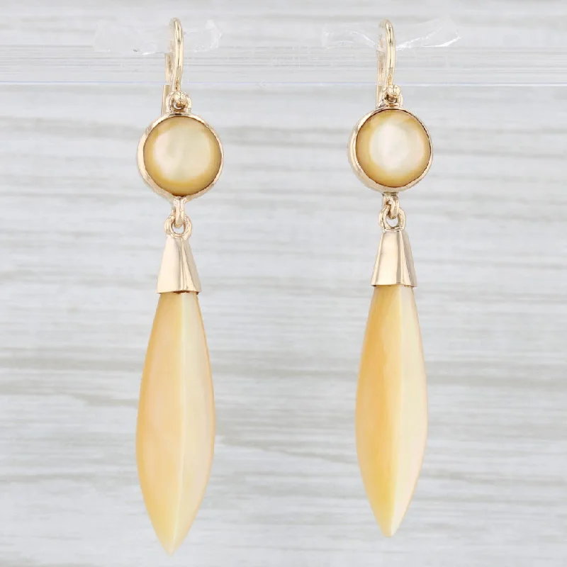 women's earrings fashion jewelry -Vintage Mother of Pearl Shell Dangle Earrings 14k Yellow Gold Hook Posts