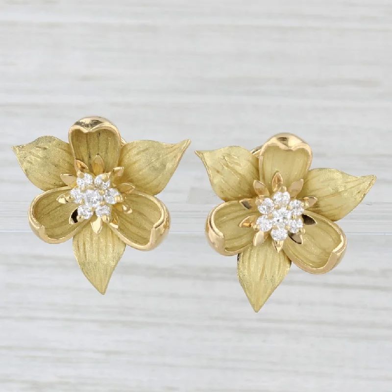 women's earrings modern minimalist -0.46ctw Diamond Cluster Flower Earrings 18k Yellow Gold Pierced Omega Backs