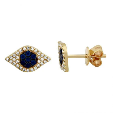 women's earrings handcrafted -14K Yellow Gold Diamond + Sapphire Evil Eye Earrings