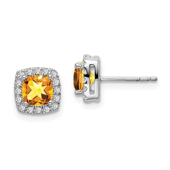 women's earrings for wife -14k White Gold Cushion Citrine and Diamond Halo Earrings