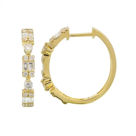 women's earrings pearl -14K Yellow Gold Round + Baguette Cluster Hoop Earrings