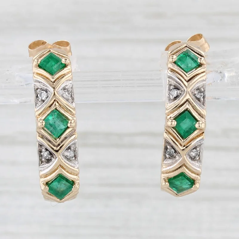 women's earrings with crystals -0.55ctw Emerald Diamond J-Hook Earrings 14k Yellow Gold Drops