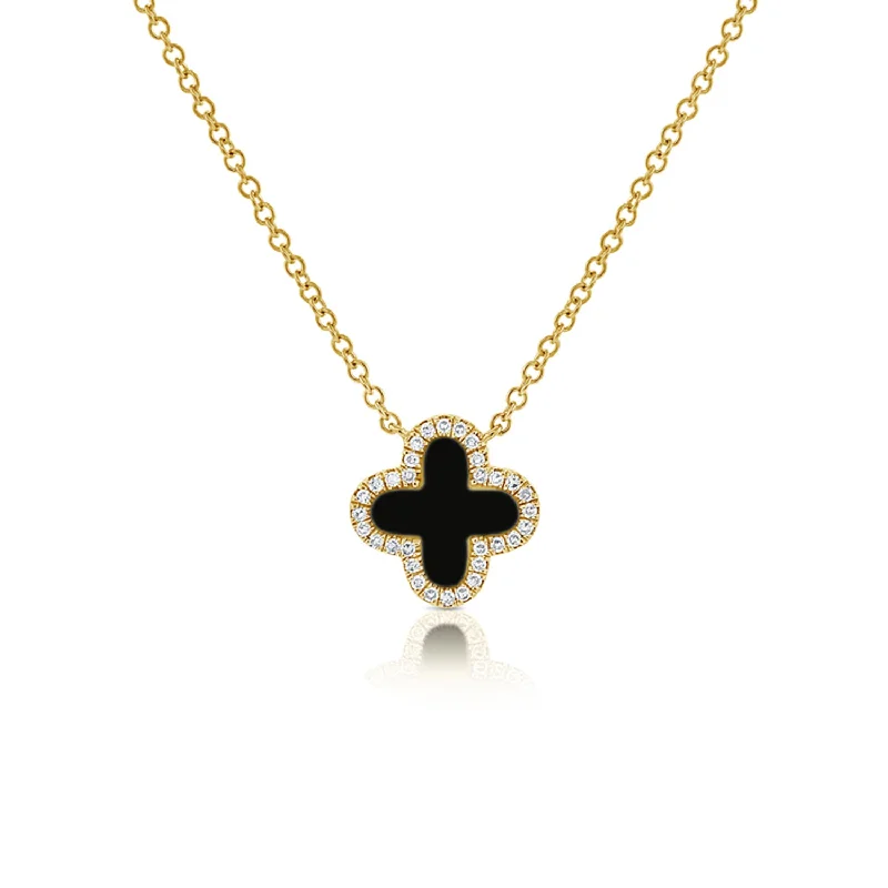 women's necklace vintage gold -Black Enamel Clover Diamond Halo Necklace in 14K Gold