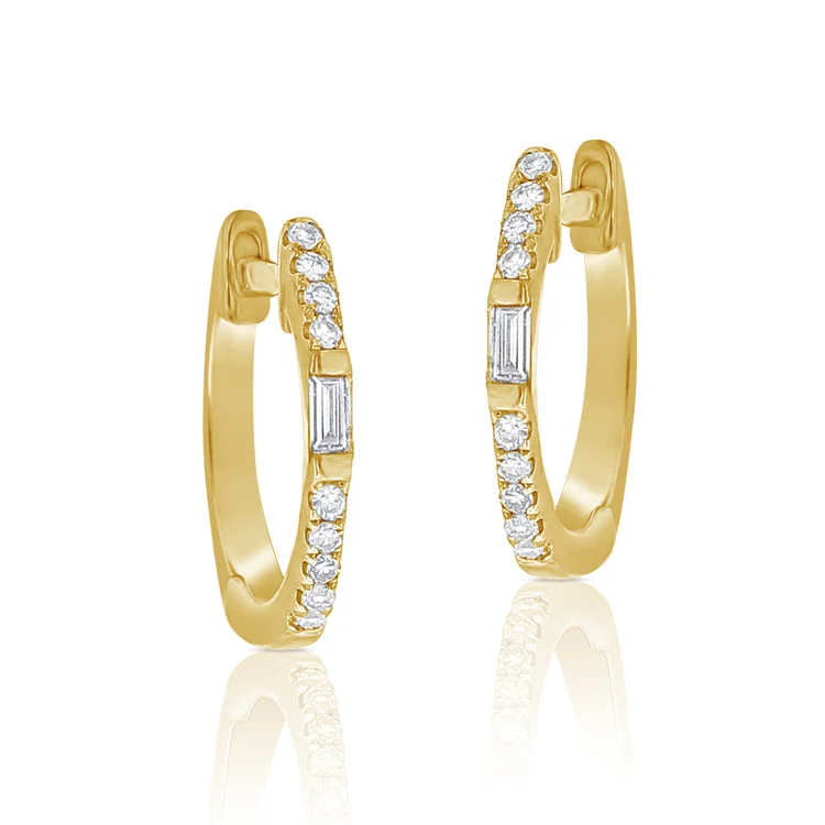 women's earrings for sensitive ears -14K Yellow Gold Round and Baguette Diamond Huggie Earrings