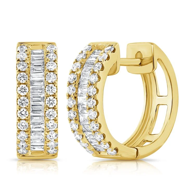 women's earrings emerald cut -14K Yellow Gold Baguette Diamond Huggie Earrings