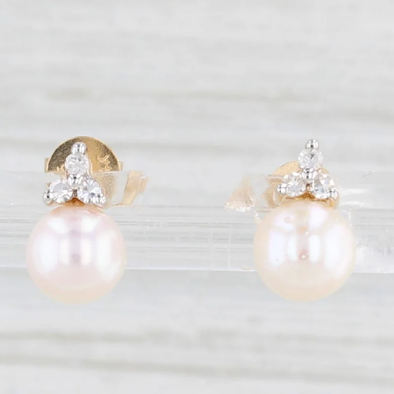 women's earrings everyday wear -New Cultured Pearl Diamond Stud Earrings 14k Yellow Gold