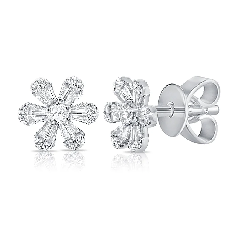 women's earrings bold and stylish -14K White Gold Diamond Flower Stud Earrings