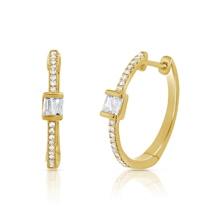 women's earrings affordable price -14K Yellow Gold Round and Baguette Diamond Hoop Earrings