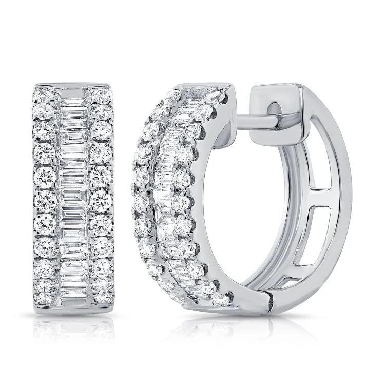 women's earrings princess cut -14K White Gold Baguette Diamond Huggie Earrings