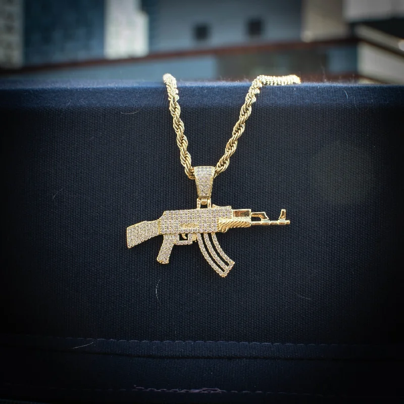 women's necklace elegant design -Diamond AK47 Gun Necklace in Yellow Gold