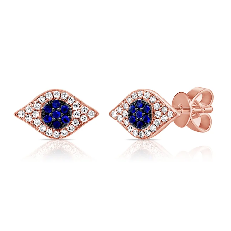 women's earrings for daughter -14K Rose Gold Diamond + Blue Sapphire Evil Eye Earrings