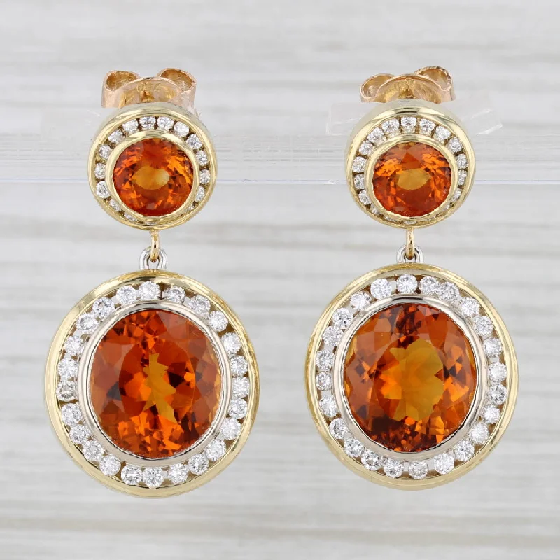 women's earrings with gemstone -13.70ctw Orange Citrine Diamond Halo Dangle Earrings 18k Yellow Gold Drops