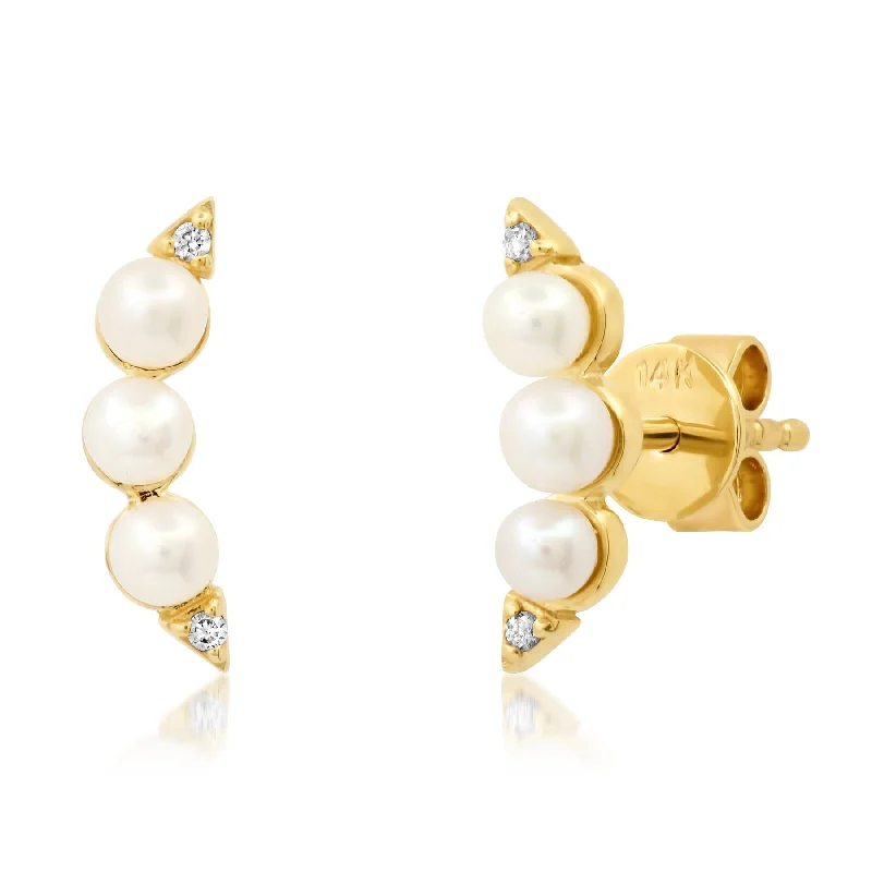 women's earrings pearl drop -THREE PEARL DIAMOND STUDS, 14kt GOLD