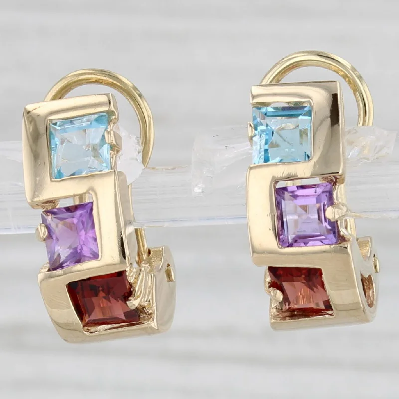 women's earrings hoop -2.40ctw 3-Stone J-Hook Earrings 14k Yellow Gold Amethyst Garnet Topaz