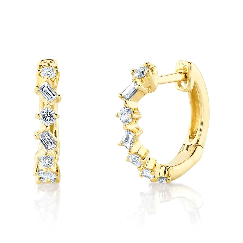 women's earrings heart shape -14K Yellow Gold Diamond Baguette Huggie Earrings