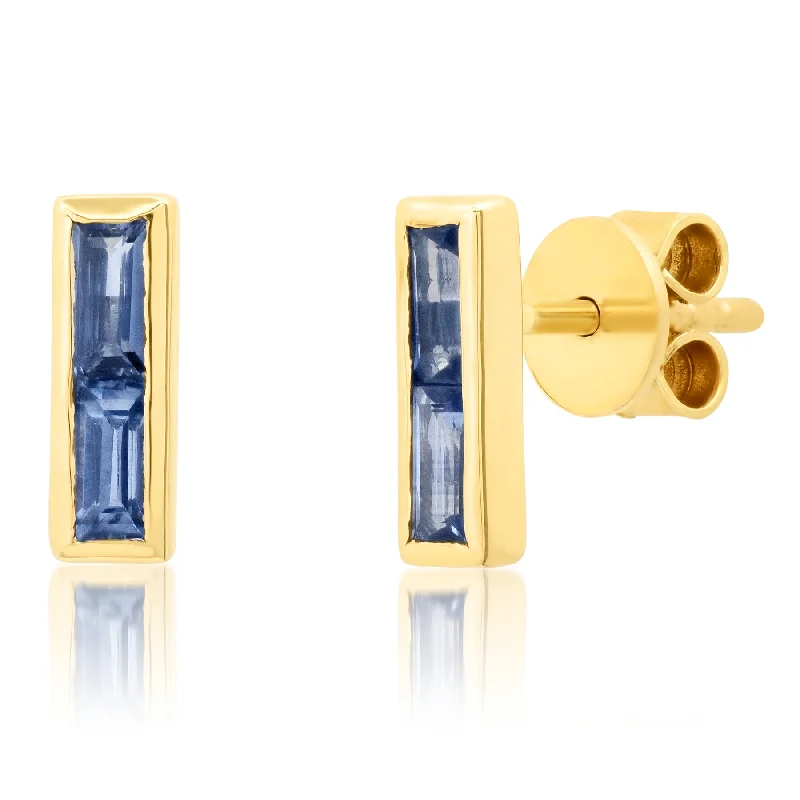 women's earrings drop -BAGUETTE BLUE SAPPHIRE STUDS, 14KT GOLD