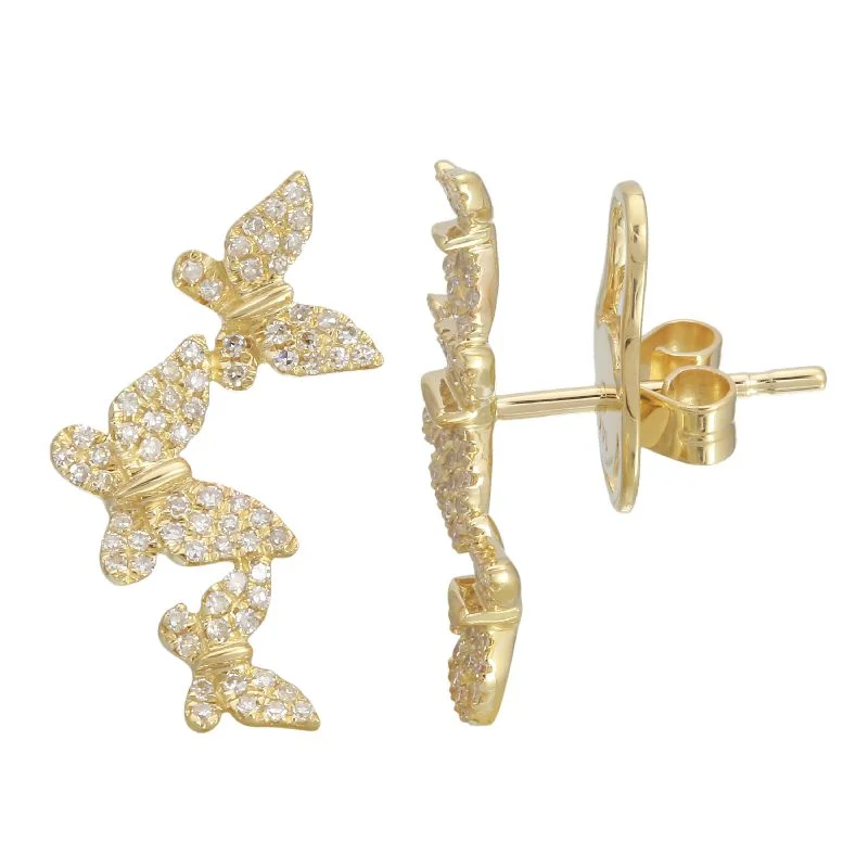 women's earrings art deco -14K Yellow Gold Triple Butterfly Diamond Earrings