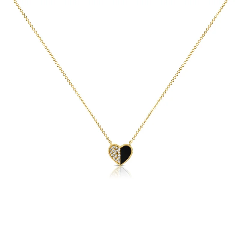 women's necklace engraved message -14K Gold Heart Necklace with Black Onyx & Diamond Accents