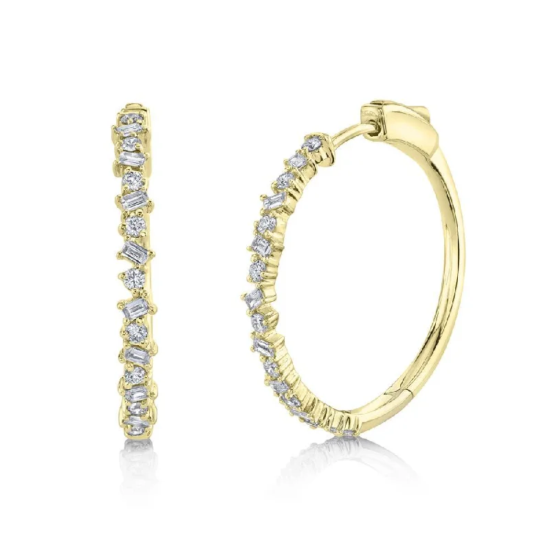 women's earrings with gemstone -14K Yellow Gold Round+Baguette Diamond Hoop Earrings