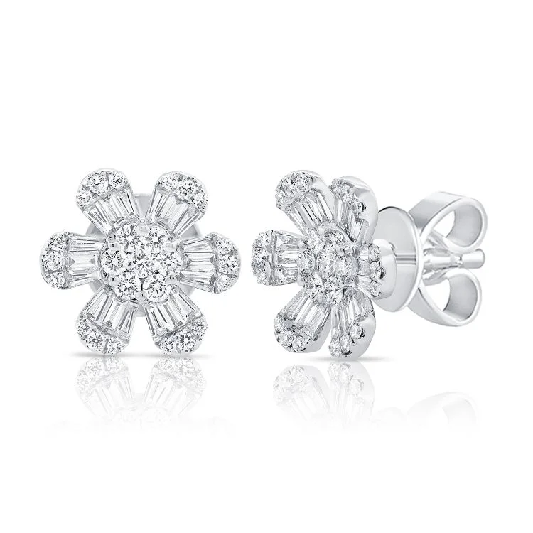 women's earrings round cut -14K White Gold Diamond Baguette Flower Stud Earrings