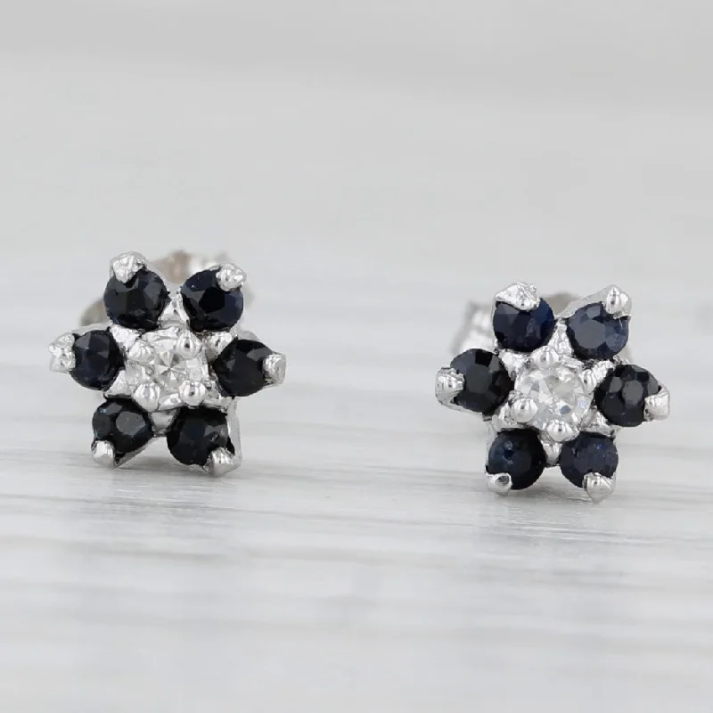 women's earrings silver -0.26ctw Blue Sapphire Diamond Buttercup Flower Stud Earrings 10k White Gold