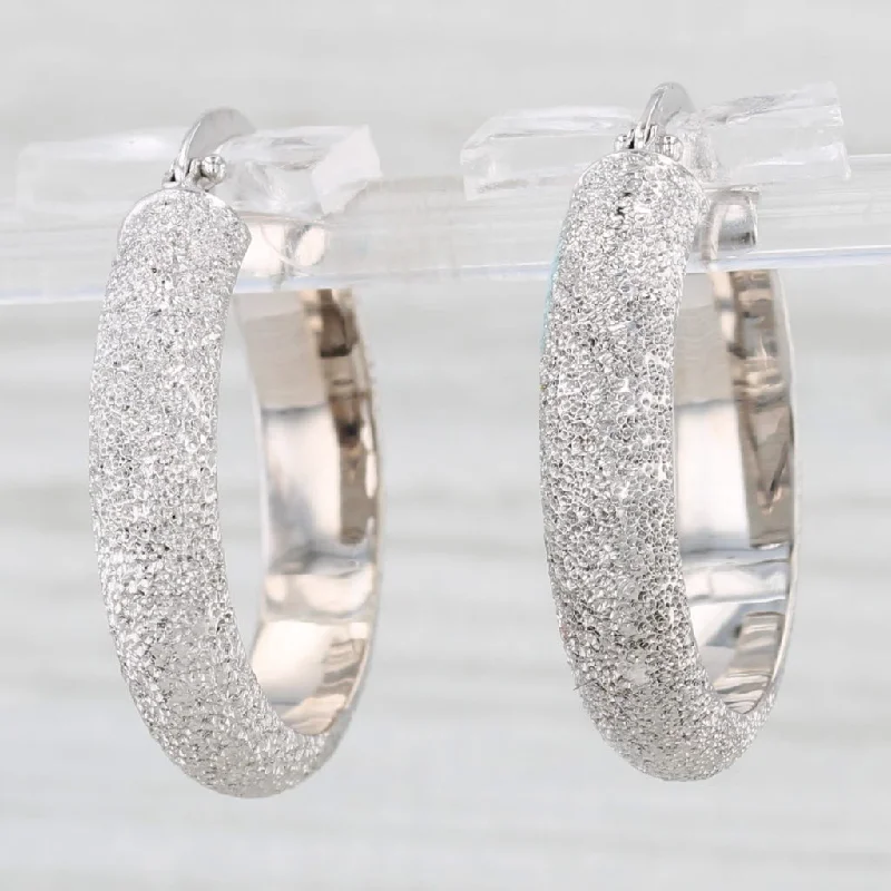 women's earrings classic style -Brushed Hoop Earrings 14k White Gold Snap Top Round Hoops Italy