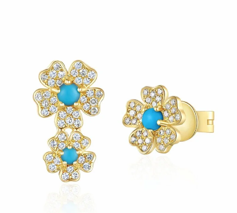 women's earrings floral pattern -Yellow 14k Turquoise Flower Stud Earrings