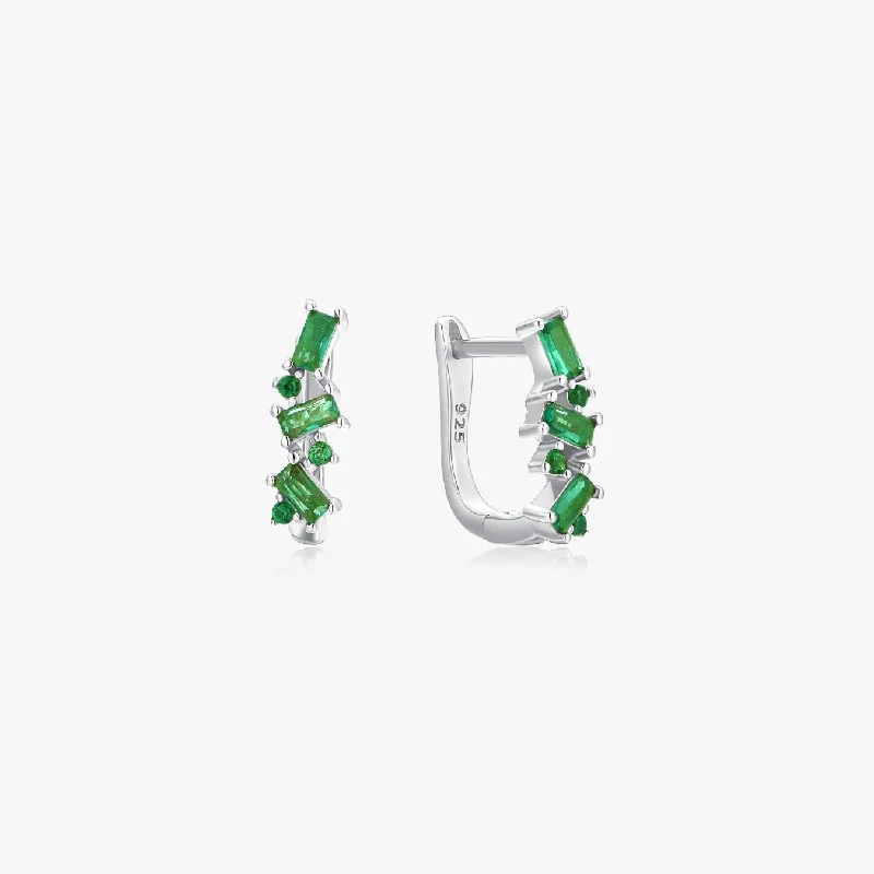 women's earrings for sensitive ears -Irregular Green Gems Huggies in Silver