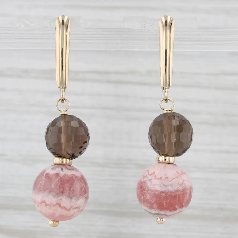 women's earrings for sensitive ears -Smoky Quartz Rhodochrosite Bead Dangle Earrings 14k Yellow Gold