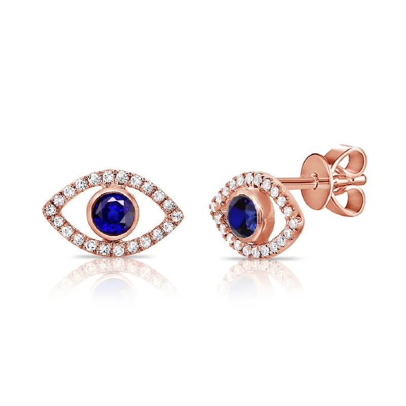 women's earrings teardrop -14K Rose Gold Diamond + Sapphire Evil Eye Earrings