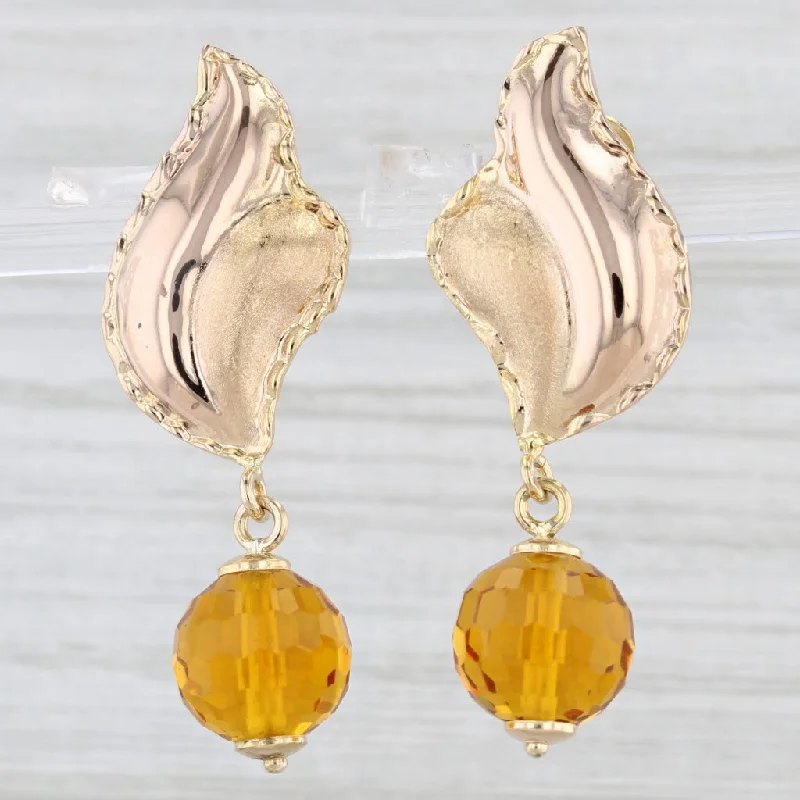 women's earrings modern minimalist -Orange Glass Bead Dangle Beveled Leaf Earrings 14k Yellow Rose Gold