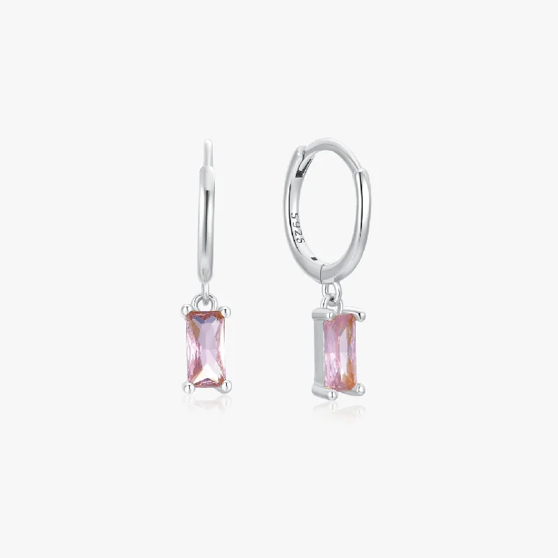 women's earrings round cut -Pink Rectangle Huggies in Silver