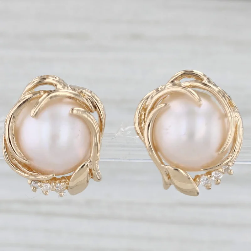 women's earrings clip on -Gold Framed Mabe Pearl Diamond Stud Earrings 14k Yellow Gold