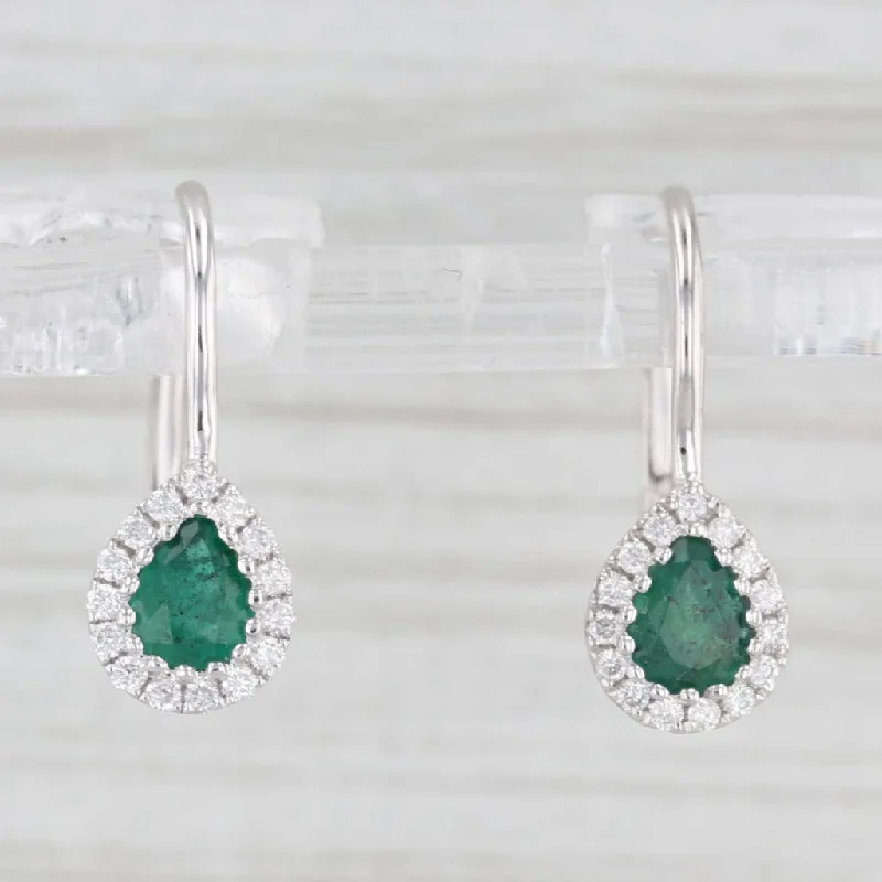 women's earrings baroque pearl -New 0.88ctw Emerald Diamond Halo Teardrop Earrings 14k White Gold Lever Backs