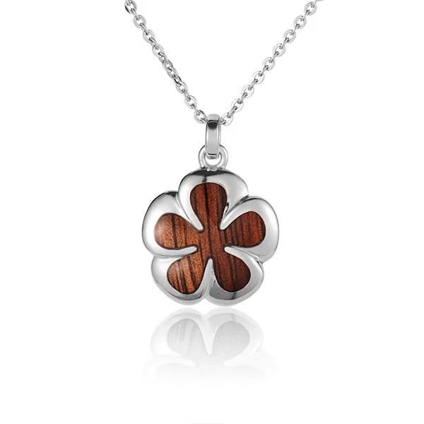 women's necklace with crystal beads -Sterling Silver Koa Wood Round Plumeria Flower Pendant 18" Necklace