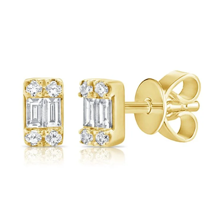 women's earrings for formal events -14K Yellow Gold Diamond + Baguette Mini Stud Earrings