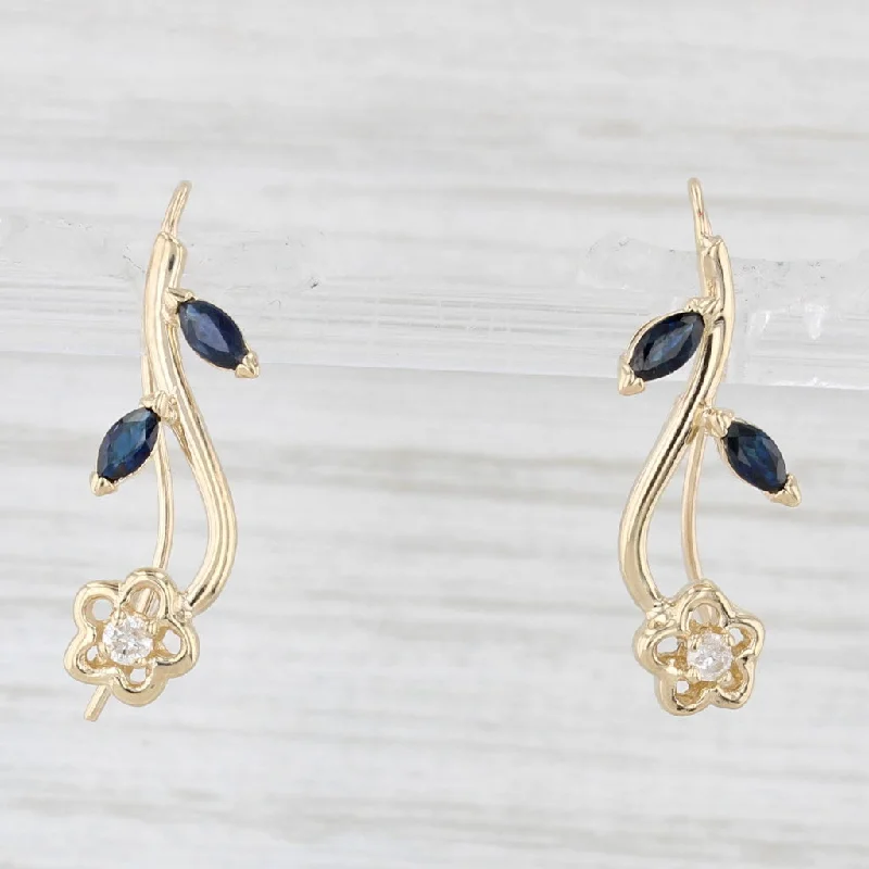 women's earrings handcrafted -0.55ctw Blue Sapphire Diamond Flower Drop Earrings 14k Yellow Gold Hook Posts