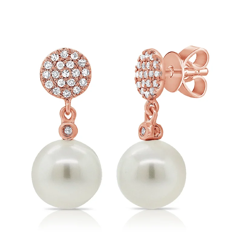 women's earrings for special occasions -14K Rose Gold Diamond Disc + Pearl Earrings