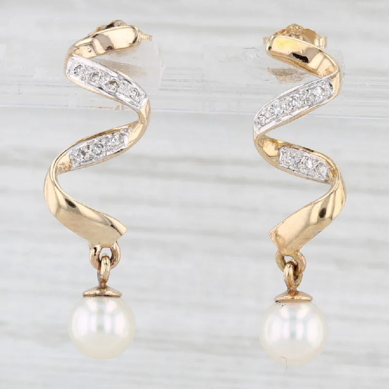 women's earrings pearl drop -Cultured Pearl Diamond Swirl Drop Earrings 14k Yellow Gold