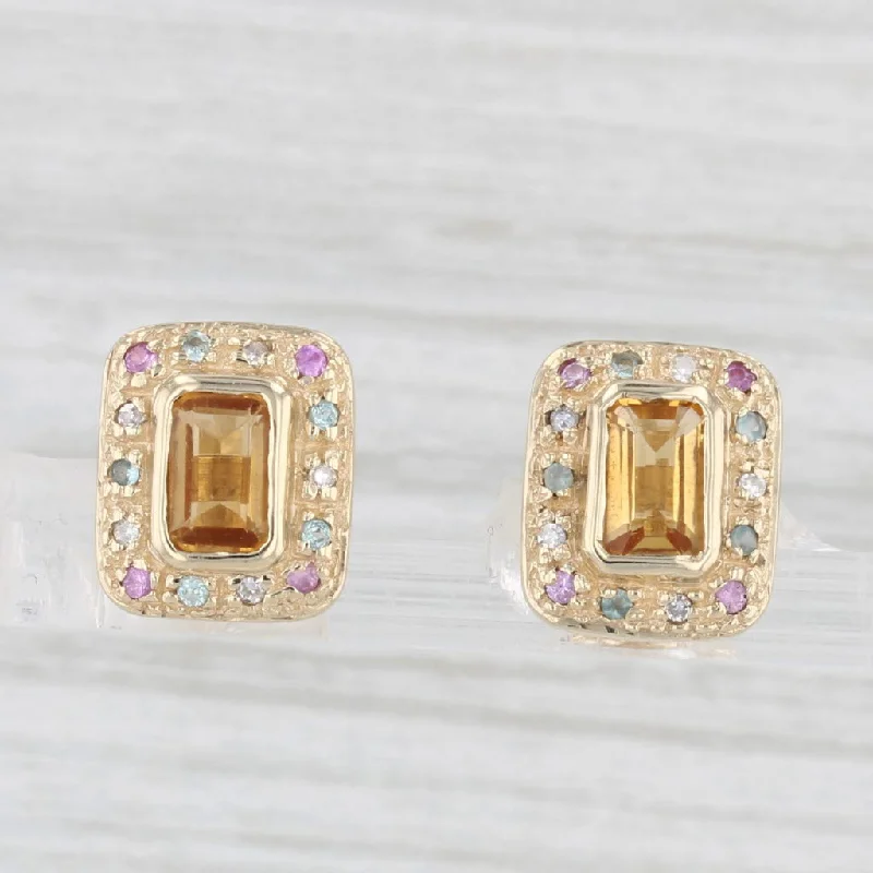 women's earrings rose gold -1.10ctw Orange Citrine Pink Sapphire Diamond Stud Earrings 10k Yellow Gold