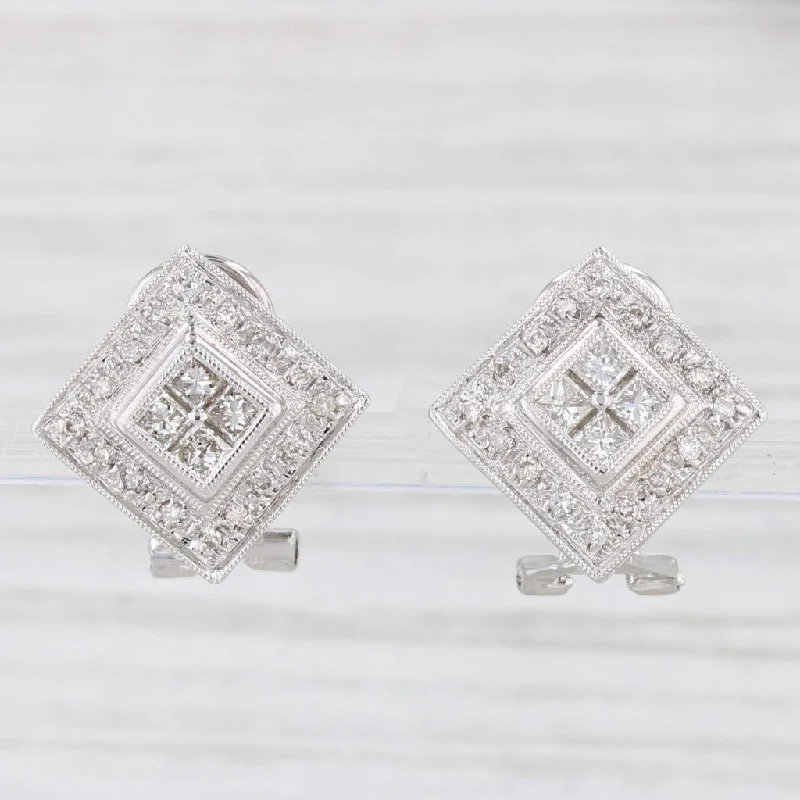 women's earrings layered style -0.76ctw Diamond Square Halo Stud Earrings 14k Gold Pierced Drops Omega Backs