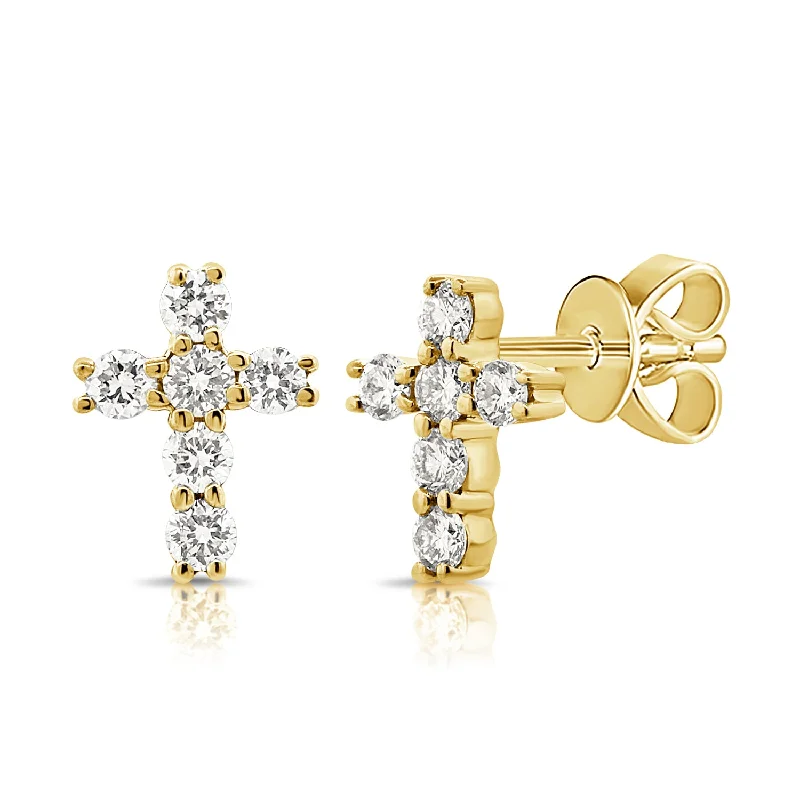 women's earrings boho style -14K Yellow Gold Diamond Cross Earrings