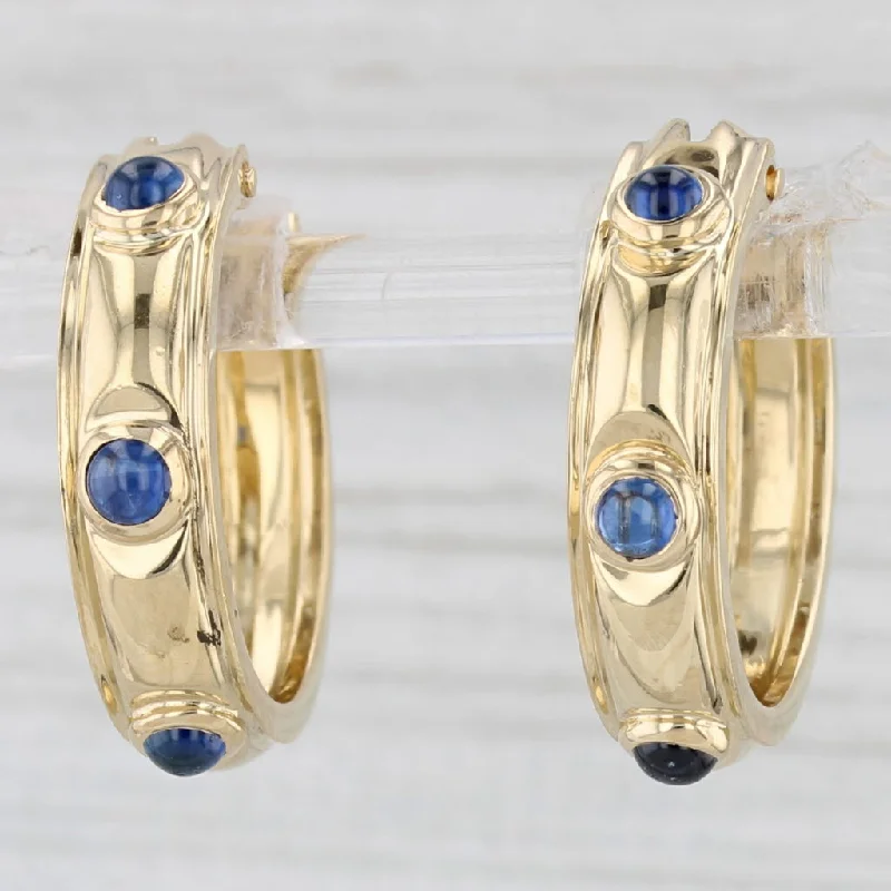 women's earrings gemstone cluster -Tiffany & Co Blue Sapphire Hoop Earrings 18k Yellow Gold Snap Top Round Hoops