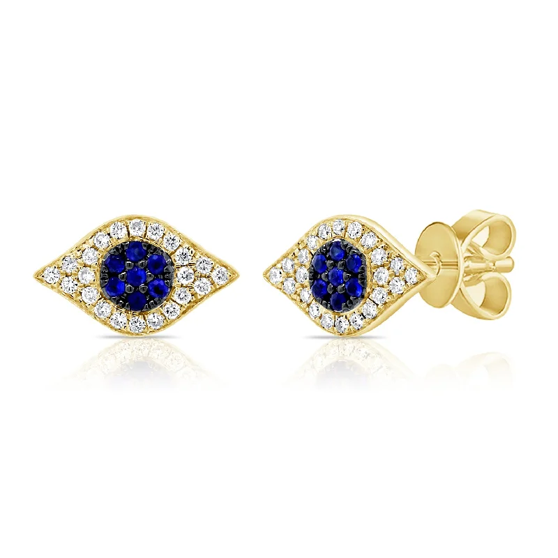 women's earrings gold -14K Yellow Gold Diamond + Blue Sapphire Evil Eye Earrings