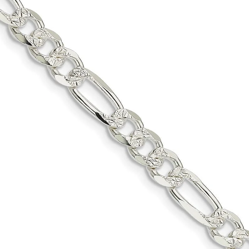 women's necklace classic designs -Sterling Silver 5.5mm Pav‚ Flat Figaro Chain Necklace