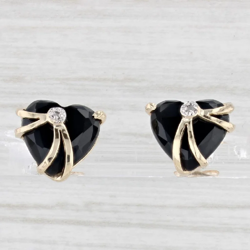 women's earrings nature inspired -Onyx Heart Stud Earrings 14k Yellow Gold Diamond Accents