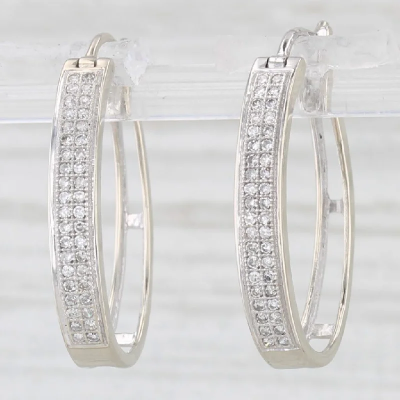 women's earrings adjustable length -0.18ctw Pave Diamond Hoop Earrings 14k White Gold Snap Top Oval Hoops