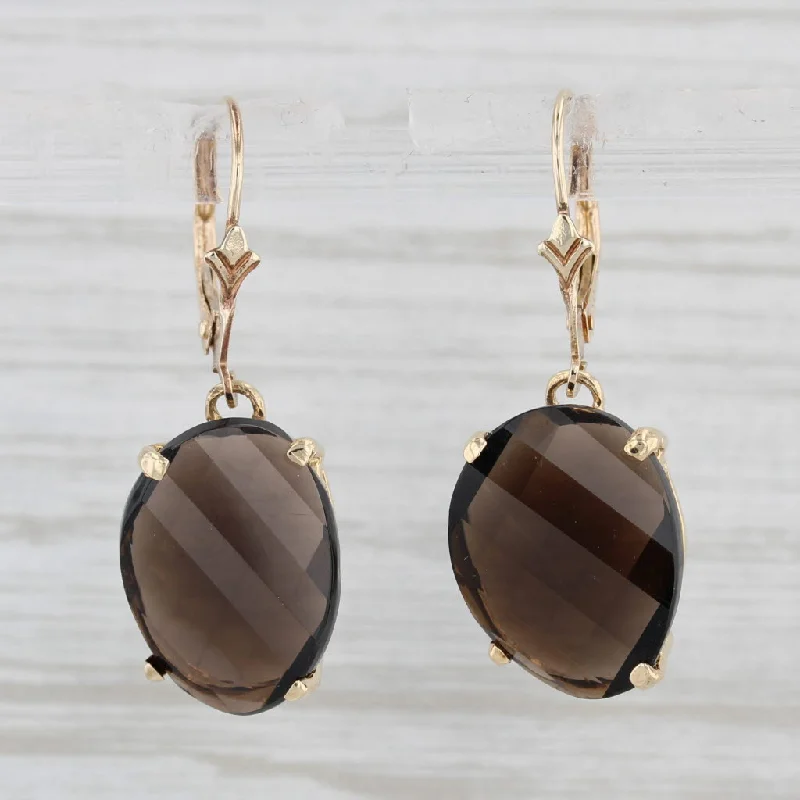 women's earrings moon and stars -Brown Smoky Quartz Dangle Earrings 10k Yellow Gold Pierced Lever Backs