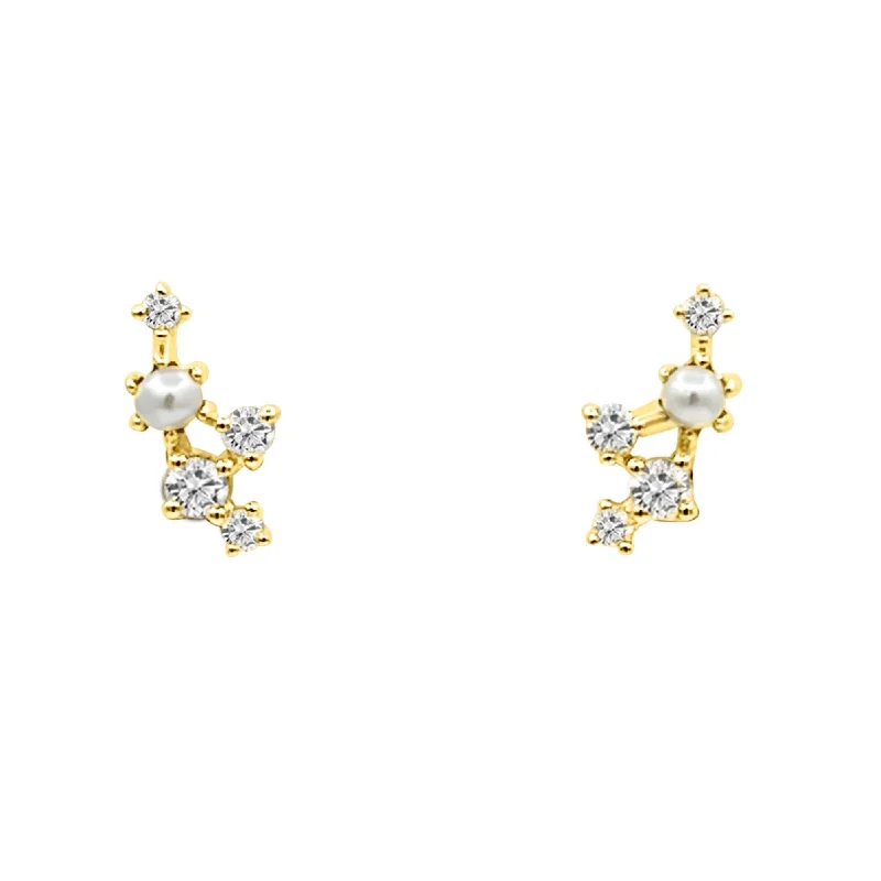 women's earrings princess cut -14K YELLOW DIAMOND & PEARL MINI CLIMBERS