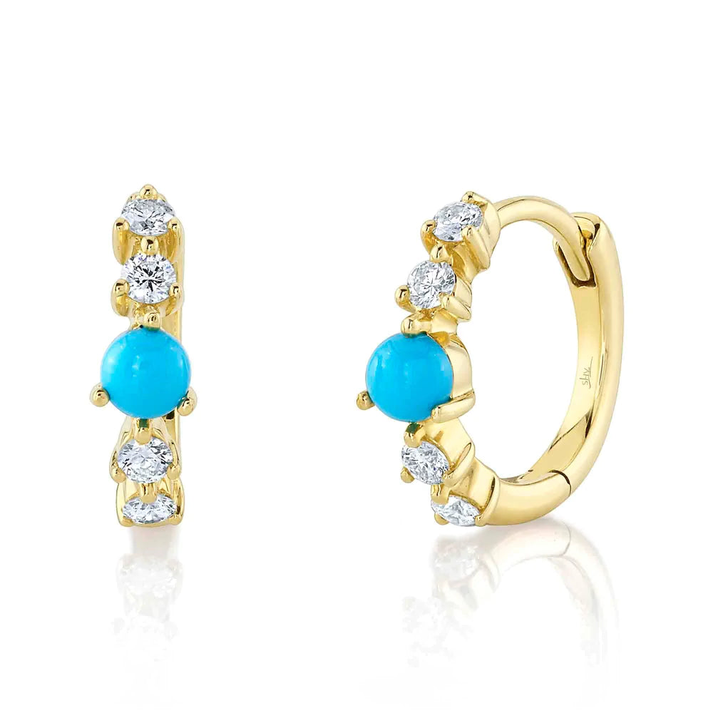 women's earrings small hoop -14K Yellow Gold Diamond and Turquoise Huggie Earrings